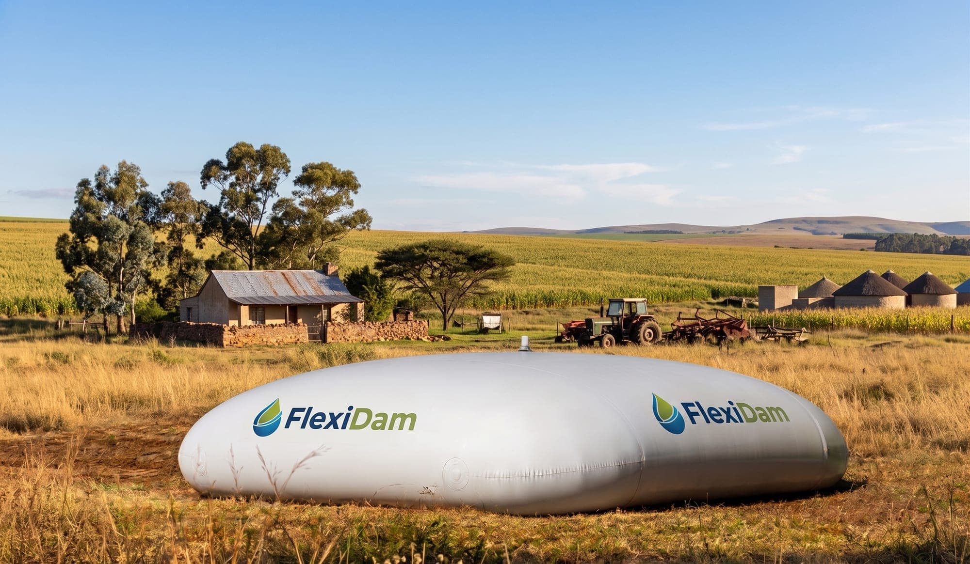 A FlexiDam pillow tank filled with water, standing on a Highveld farm with maize fields and a farmhouse behind it