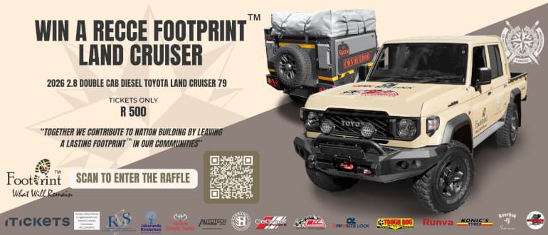 Poster for the 2026 SASFA Recce Footprint Toyota Land Cruiser 79 Raffle: win a 2026 double cab diesel Toyota Land Cruiser 79